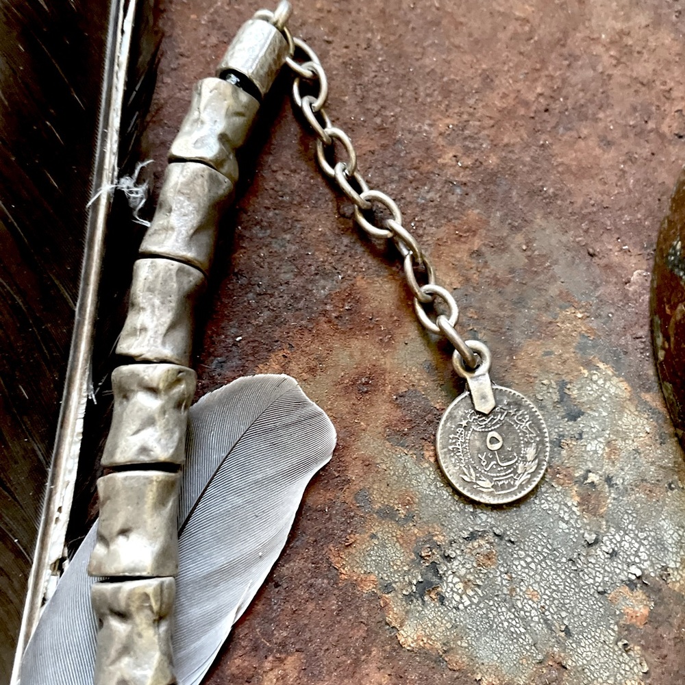 Antiqued Silver Hammered Bead on Thick Leather Rope Bohemian Modern Necklace - Picture 4 of 7